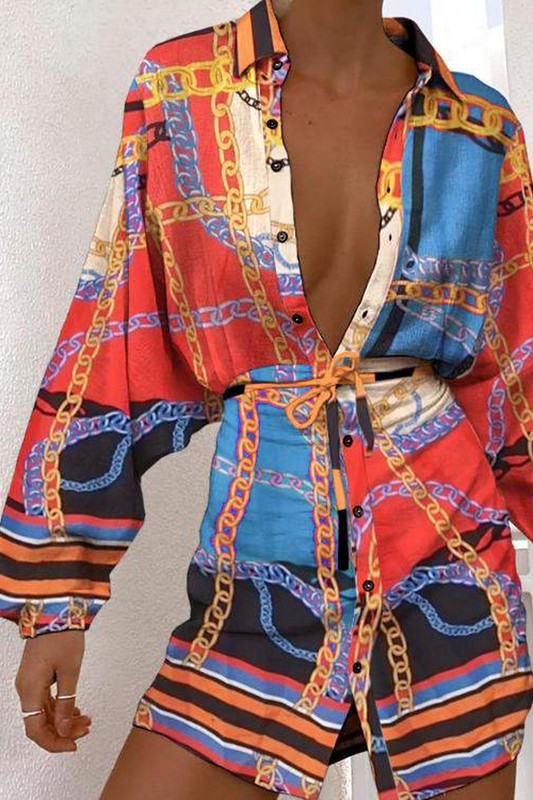 Scarf Print Button Design Long Sleeve Shirt Dress